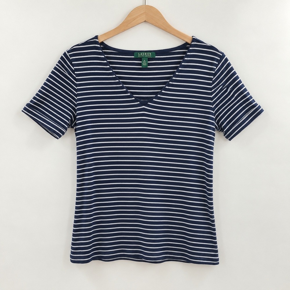 Lauren Ralph Lauren Nautical Preppy Striped V Neck Tee Womens Medium Navy White